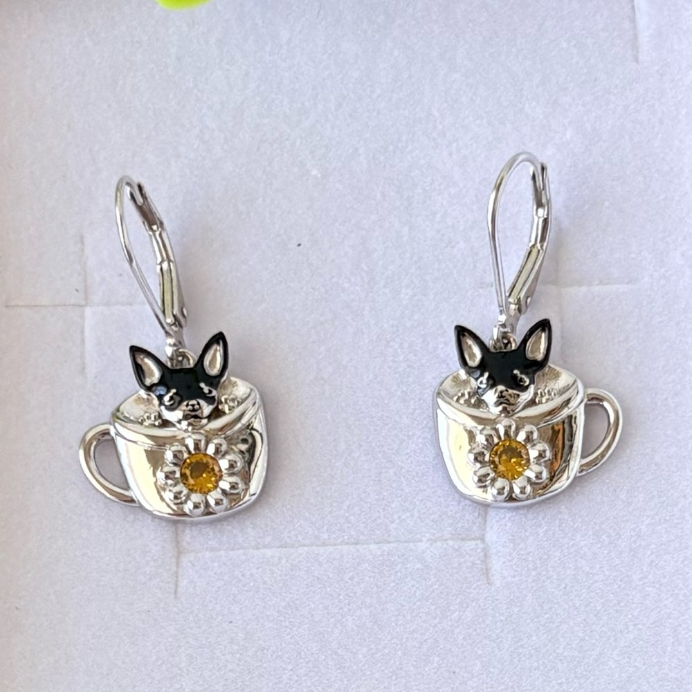 Chihuahua In A Teacup Dangle S925 Sterling‎ Silver Earrings